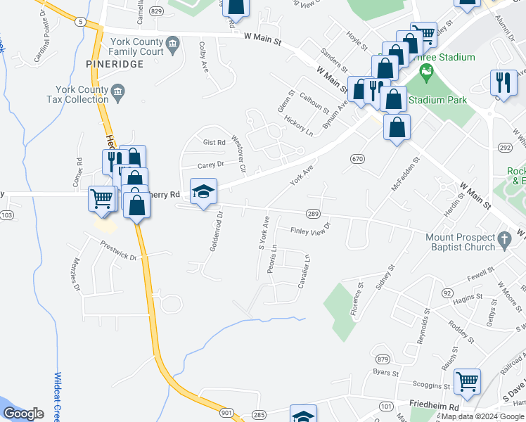 map of restaurants, bars, coffee shops, grocery stores, and more near 740 South York Avenue in Rock Hill