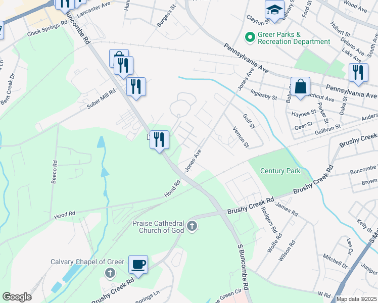 map of restaurants, bars, coffee shops, grocery stores, and more near 1037 Pennypacker Court in Greer