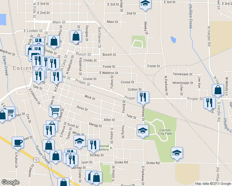 map of restaurants, bars, coffee shops, grocery stores, and more near 1505 Proper Street in Corinth