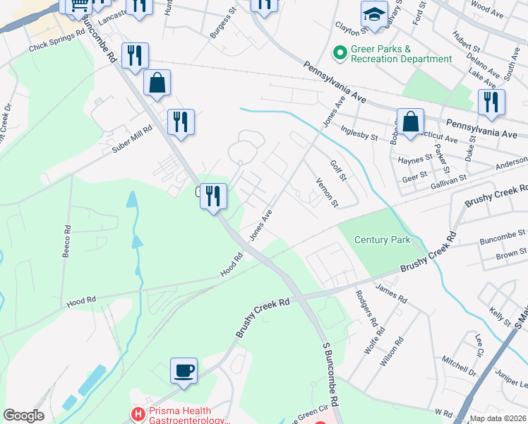map of restaurants, bars, coffee shops, grocery stores, and more near 1037 Pennypacker Court in Greer