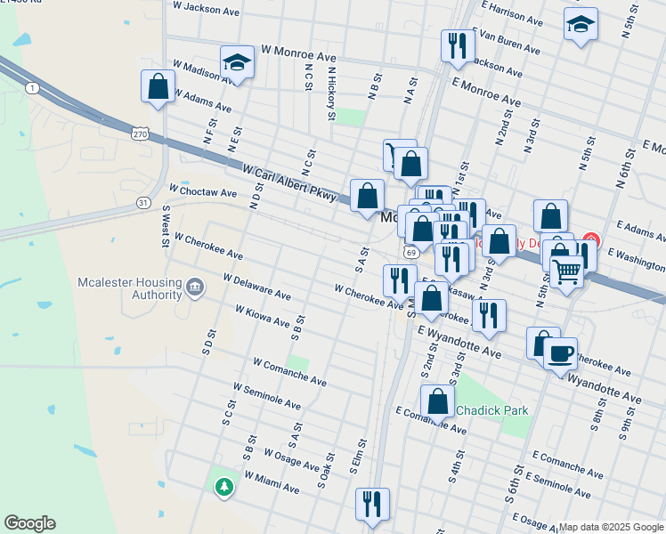 map of restaurants, bars, coffee shops, grocery stores, and more near 231 West Chickasaw Avenue in McAlester