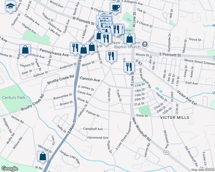 map of restaurants, bars, coffee shops, grocery stores, and more near 512 Trade Street in Greer
