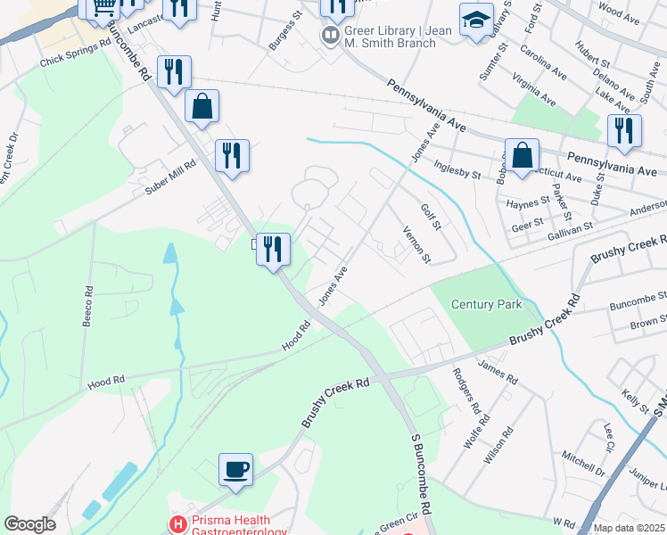 map of restaurants, bars, coffee shops, grocery stores, and more near 1037 Pennypacker Court in Greer