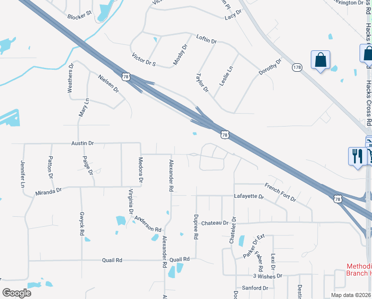 map of restaurants, bars, coffee shops, grocery stores, and more near 10128 April Springs Drive in Olive Branch