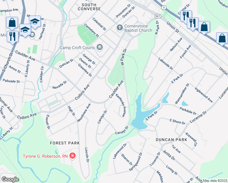 map of restaurants, bars, coffee shops, grocery stores, and more near 0 South Carolina Avenue in Spartanburg