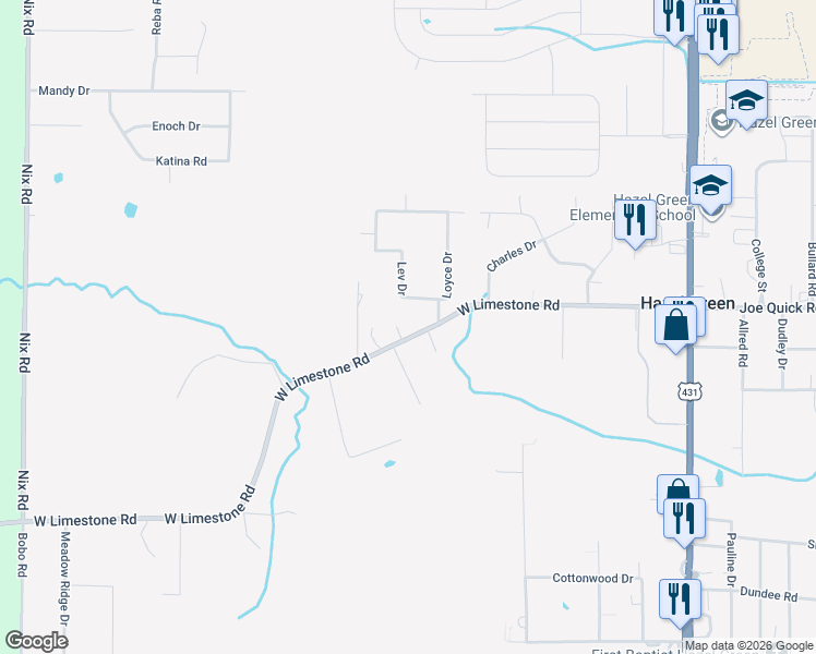 map of restaurants, bars, coffee shops, grocery stores, and more near 104 Lev Drive in Hazel Green