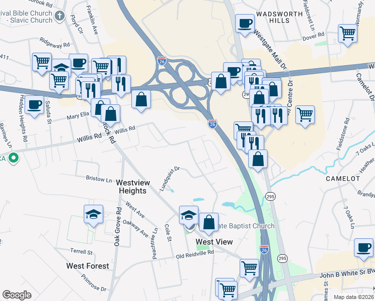 map of restaurants, bars, coffee shops, grocery stores, and more near 201 Wadsworth Road in Spartanburg