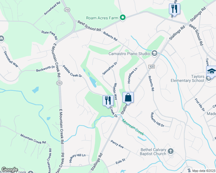 map of restaurants, bars, coffee shops, grocery stores, and more near 105 Whittlin Way in Taylors