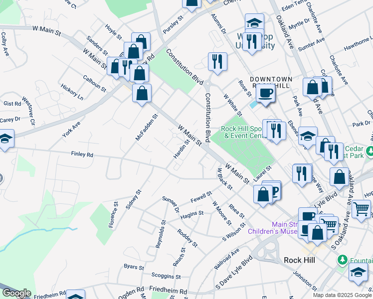 map of restaurants, bars, coffee shops, grocery stores, and more near 1089 Cotton Mill Village in Rock Hill