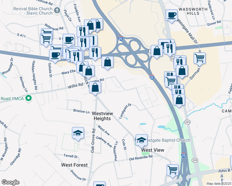 map of restaurants, bars, coffee shops, grocery stores, and more near 577 Willis Trace Road in Spartanburg