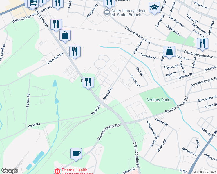 map of restaurants, bars, coffee shops, grocery stores, and more near 1037 Pennypacker Court in Greer
