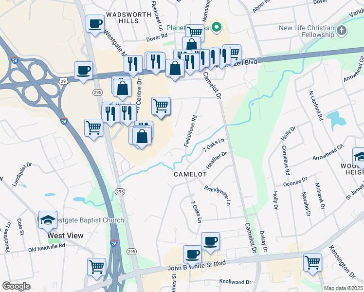 map of restaurants, bars, coffee shops, grocery stores, and more near 128 Fieldstone Road in Spartanburg