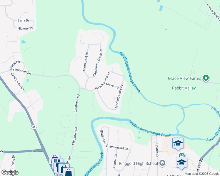 map of restaurants, bars, coffee shops, grocery stores, and more near 57 Clover Drive in Ringgold