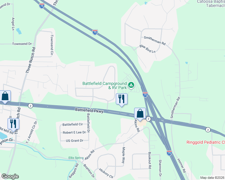 map of restaurants, bars, coffee shops, grocery stores, and more near 985 Woodgate Road in Ringgold