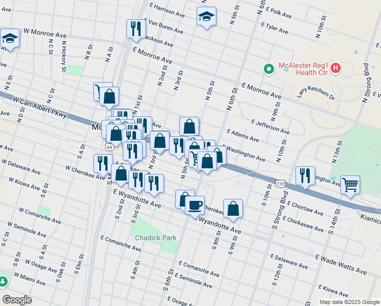 map of restaurants, bars, coffee shops, grocery stores, and more near in McAlester