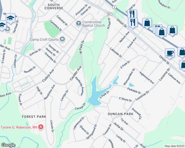 map of restaurants, bars, coffee shops, grocery stores, and more near Duncan Park Trail in Spartanburg
