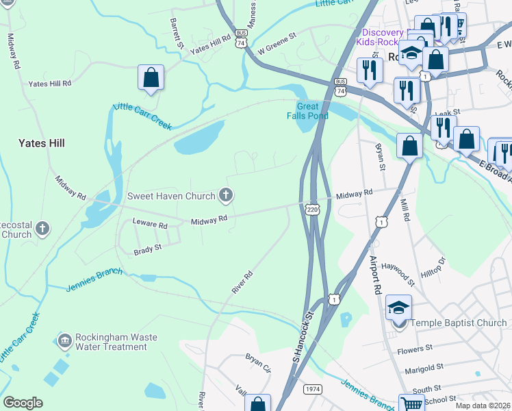 map of restaurants, bars, coffee shops, grocery stores, and more near 190 Midway Road in Rockingham