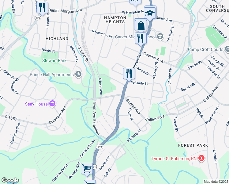 map of restaurants, bars, coffee shops, grocery stores, and more near 725 Crescent Avenue in Spartanburg