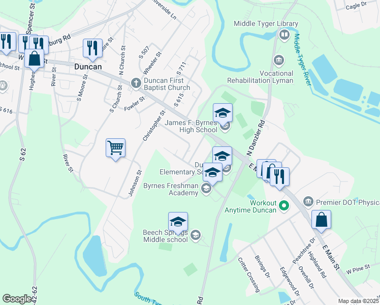 map of restaurants, bars, coffee shops, grocery stores, and more near 115 Howard Street in Duncan