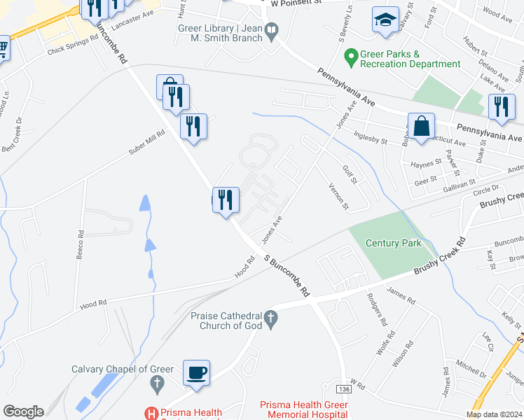 map of restaurants, bars, coffee shops, grocery stores, and more near 1037 Pennypacker Court in Greer