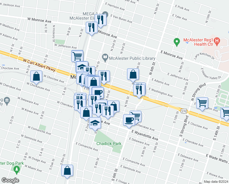 map of restaurants, bars, coffee shops, grocery stores, and more near 401-599 E Carl Albert Pkwy in McAlester