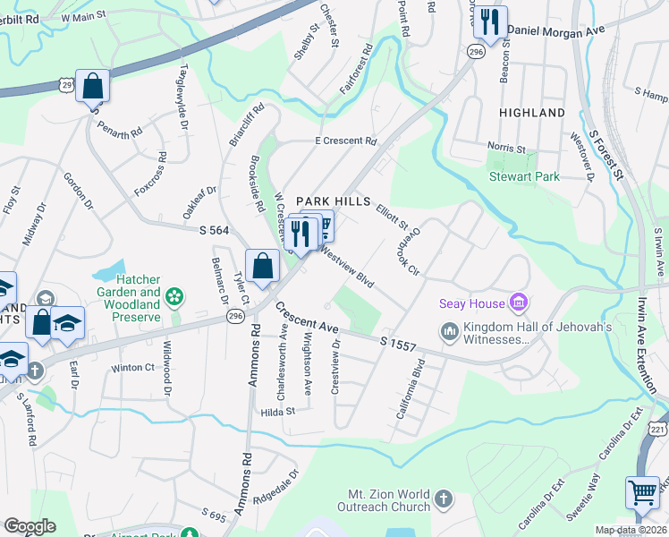 map of restaurants, bars, coffee shops, grocery stores, and more near 112 Westview Boulevard in Spartanburg
