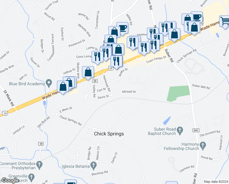 map of restaurants, bars, coffee shops, grocery stores, and more near 38 Michell Drive in Taylors