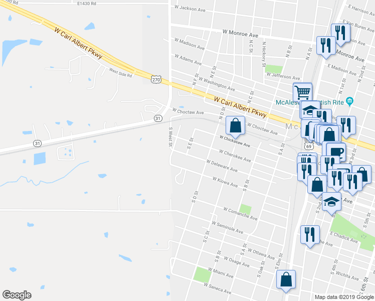 map of restaurants, bars, coffee shops, grocery stores, and more near 205 South E Street in McAlester