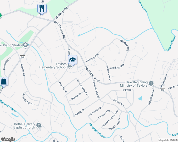 map of restaurants, bars, coffee shops, grocery stores, and more near 809 Reid School Road in Taylors