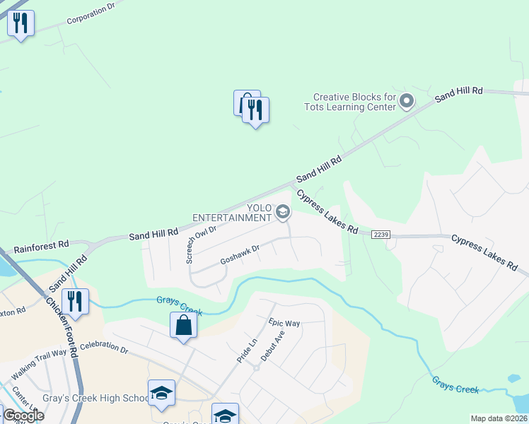 map of restaurants, bars, coffee shops, grocery stores, and more near 1030 Screech Owl Drive in Hope Mills