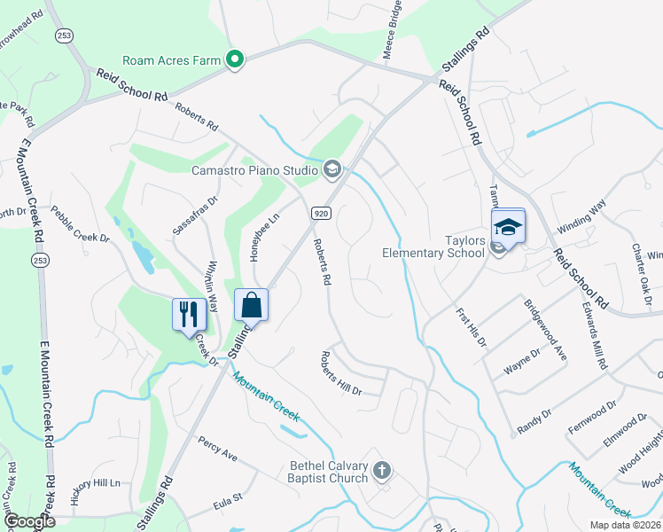 map of restaurants, bars, coffee shops, grocery stores, and more near 415 Roberts Road in Taylors