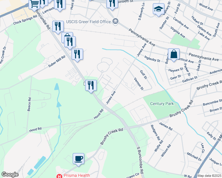 map of restaurants, bars, coffee shops, grocery stores, and more near 1037 Pennypacker Court in Greer
