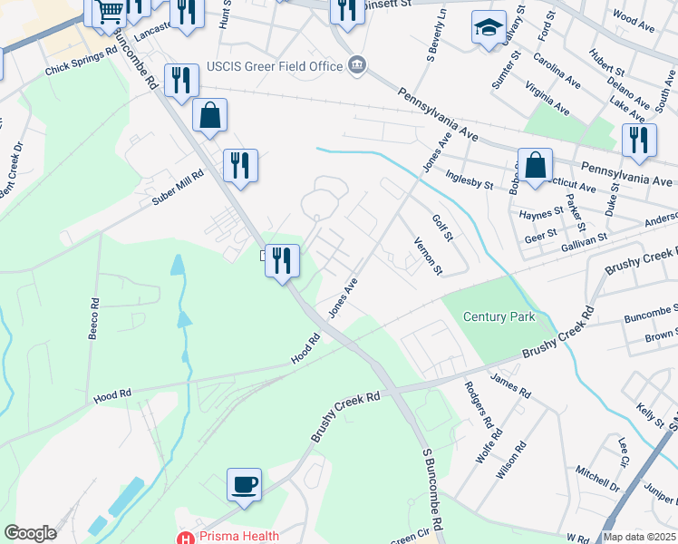 map of restaurants, bars, coffee shops, grocery stores, and more near 1037 Pennypacker Court in Greer