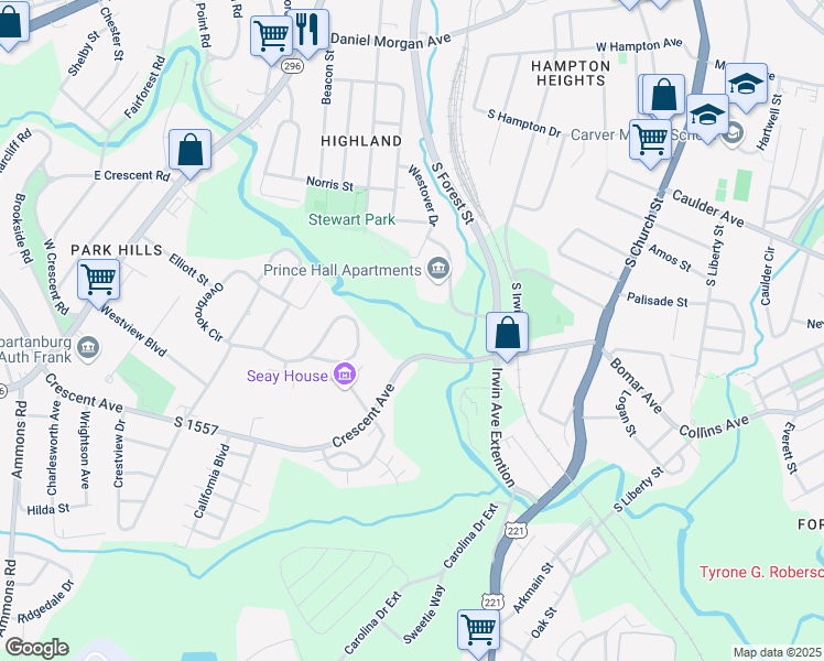 map of restaurants, bars, coffee shops, grocery stores, and more near 625 Crescent Avenue in Spartanburg