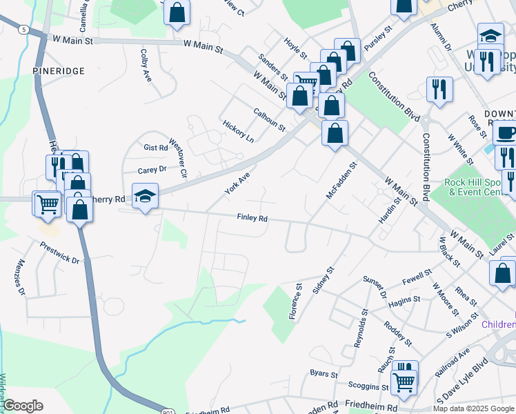 map of restaurants, bars, coffee shops, grocery stores, and more near 903 Rolling Green Road in Rock Hill