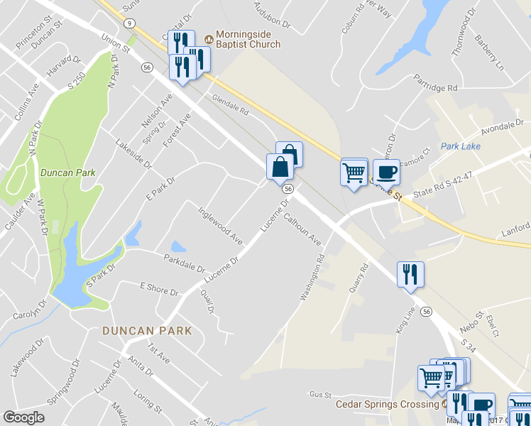 map of restaurants, bars, coffee shops, grocery stores, and more near 408 Lucerne Drive in Spartanburg
