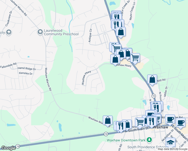 map of restaurants, bars, coffee shops, grocery stores, and more near 2038 Dunsmore Lane in Waxhaw