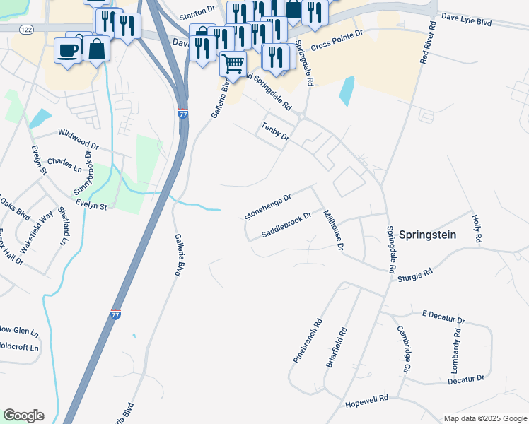 map of restaurants, bars, coffee shops, grocery stores, and more near 547 Stonehenge Drive in Rock Hill