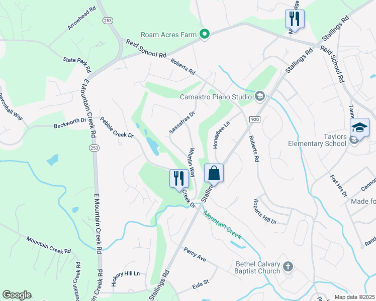 map of restaurants, bars, coffee shops, grocery stores, and more near 105 Whittlin Way in Taylors