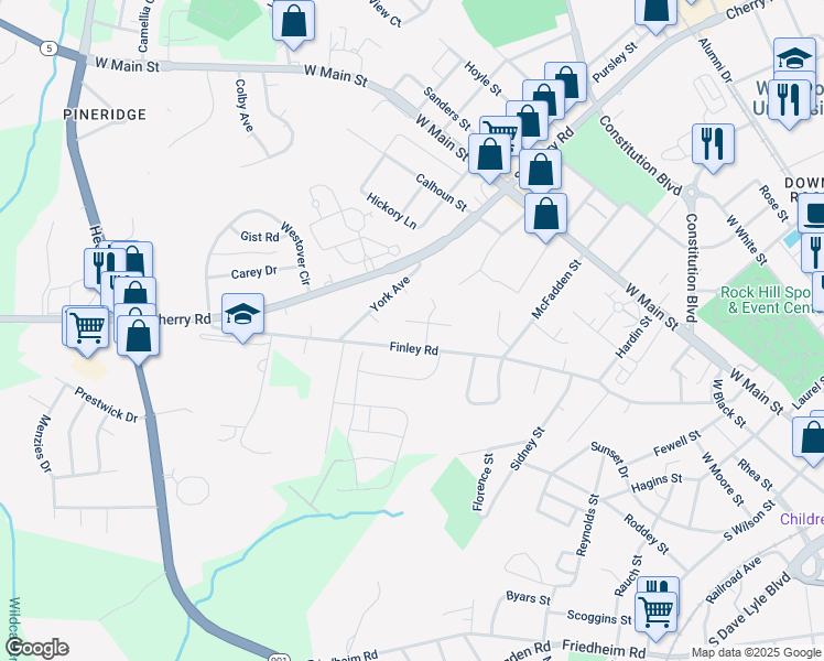 map of restaurants, bars, coffee shops, grocery stores, and more near 903 Rolling Green Road in Rock Hill