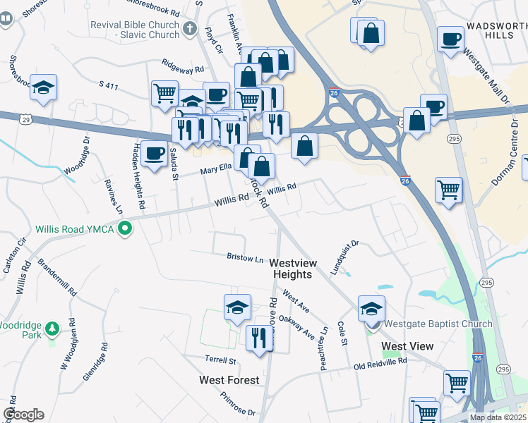 map of restaurants, bars, coffee shops, grocery stores, and more near 134 South Blackstock Road in Spartanburg