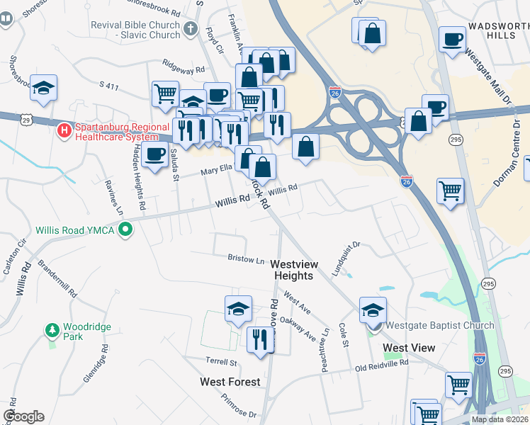 map of restaurants, bars, coffee shops, grocery stores, and more near 134 South Blackstock Road in Spartanburg