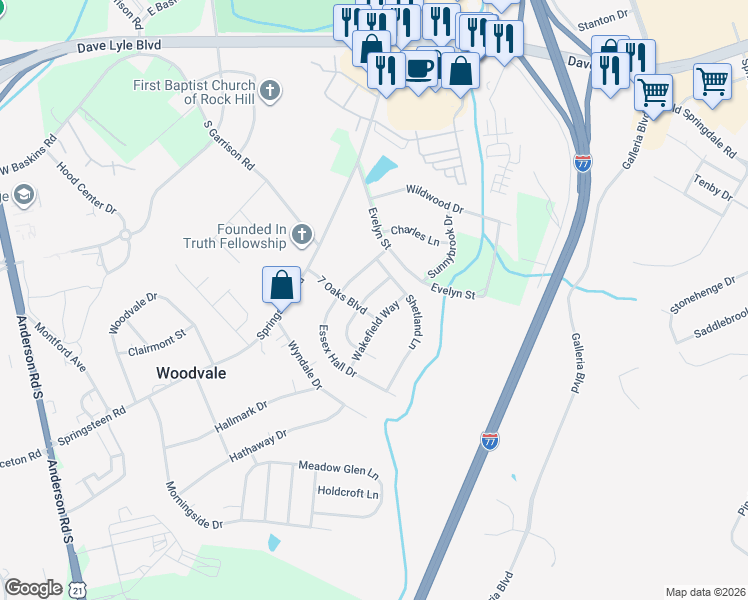 map of restaurants, bars, coffee shops, grocery stores, and more near 1712 Townsend Lane in Rock Hill