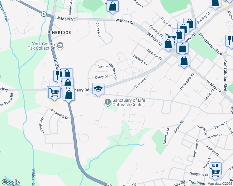 map of restaurants, bars, coffee shops, grocery stores, and more near 1032 Finley Road in Rock Hill