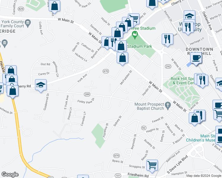 map of restaurants, bars, coffee shops, grocery stores, and more near 1122 Manor Close Drive in Rock Hill
