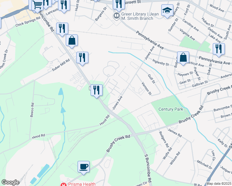 map of restaurants, bars, coffee shops, grocery stores, and more near 1037 Pennypacker Court in Greer
