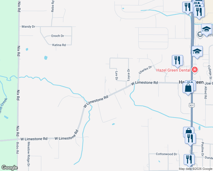 map of restaurants, bars, coffee shops, grocery stores, and more near 106 Lev Drive in Hazel Green