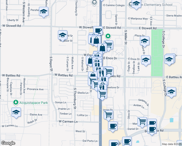 map of restaurants, bars, coffee shops, grocery stores, and more near 1572 South Barbara Street in Santa Maria