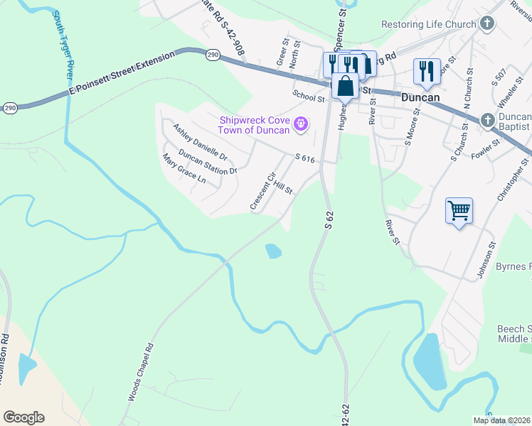 map of restaurants, bars, coffee shops, grocery stores, and more near 320 Crescent Circle in Duncan