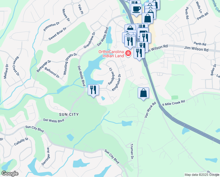 map of restaurants, bars, coffee shops, grocery stores, and more near 23079 Kingfisher Drive in Fort Mill